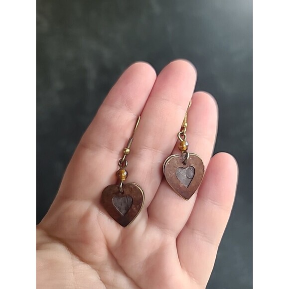 Two Tone Metal Heart Shaped Dangling Pierced Earrings Vintage - Picture 2 of 10